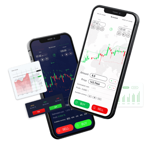 Kanak Capital Markets mobile app interface showing live trading charts, buy/sell buttons, and market data.