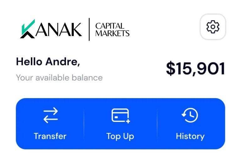 Kanak Capital Markets account balance interface showing $15,901 with transfer, top-up, and history options.