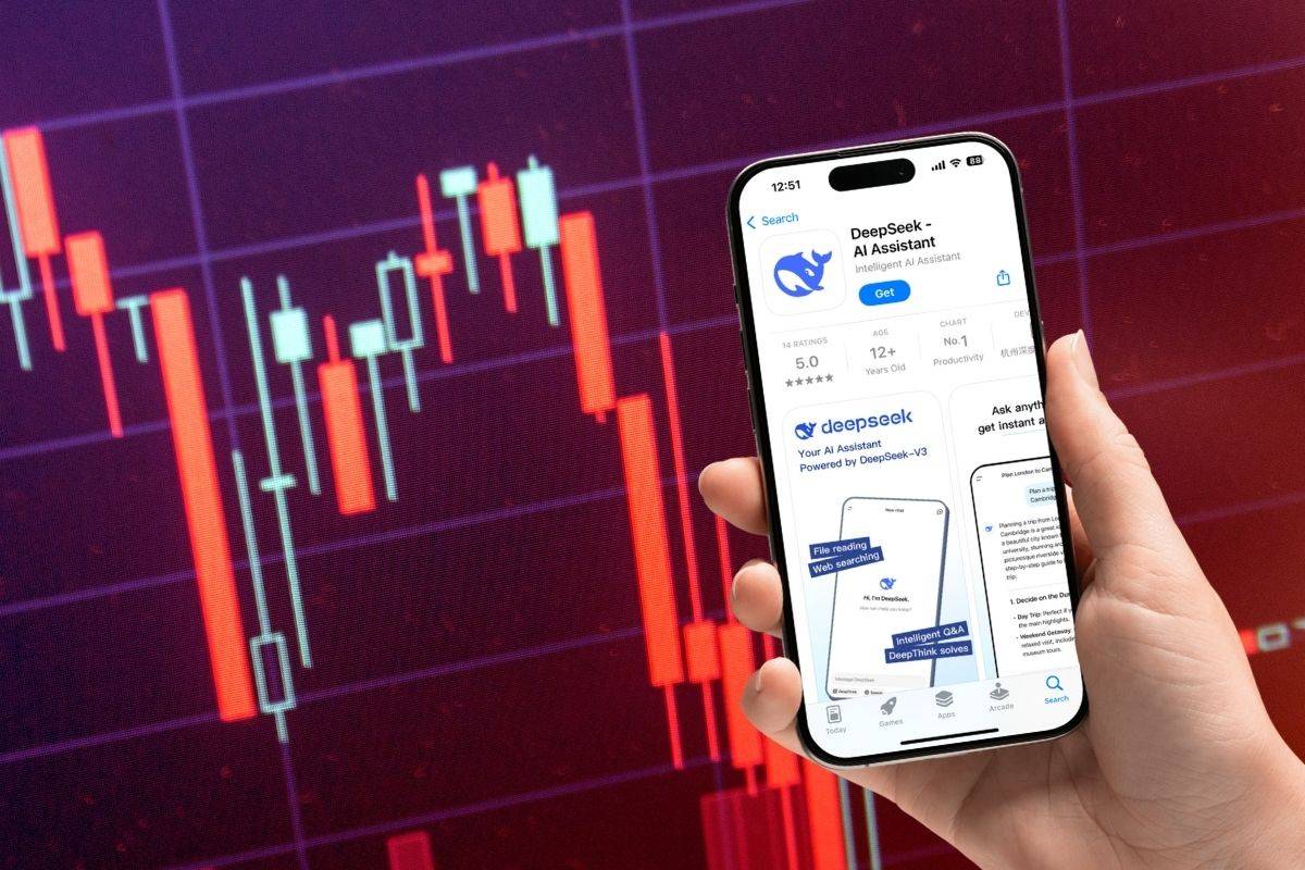Kanak Capital Markets review on Nasdaq drop and DeepSeek AI's impact on big tech stocks, shown on mobile chart.
